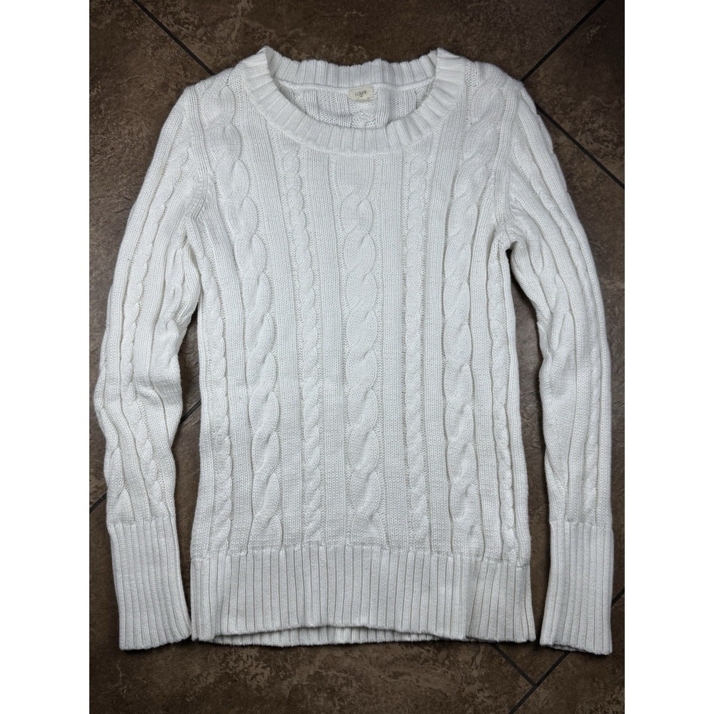 J Crew Womans Sz Small Classic Cable Knit Crewneck Sweater White 100% Cotton